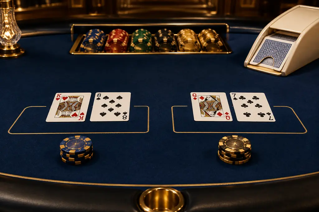 Meja baccarat dengan dua susunan kartu dan tumpukan cip di kasino