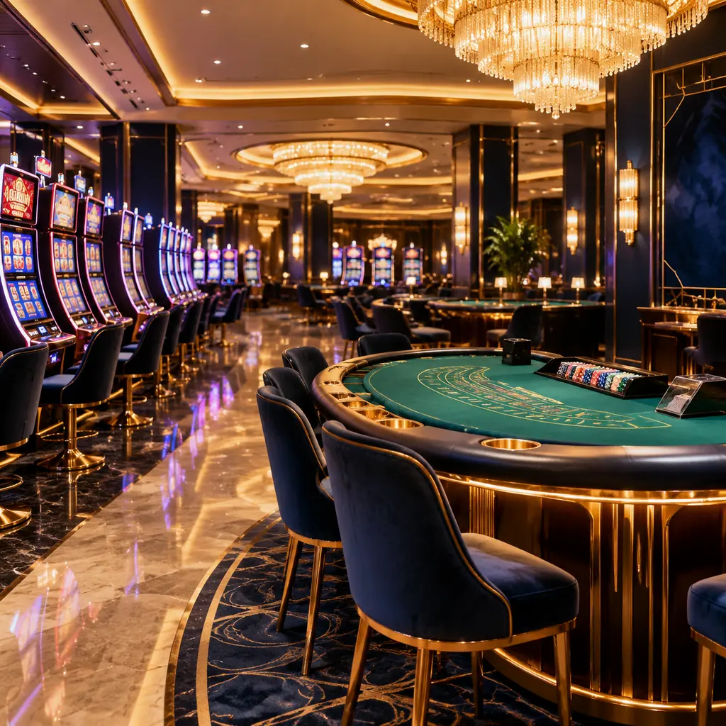 Lobi kasino elegan dengan barisan mesin slot dan meja baccarat berlampu hangat