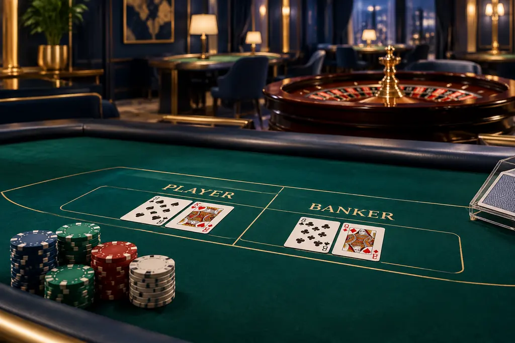 Meja kartu dan roda roulette dalam ruang kasino bernuansa biru dan emas