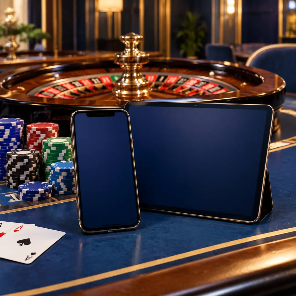 Ponsel dan tablet dengan layar netral di tepi meja roulette kasino