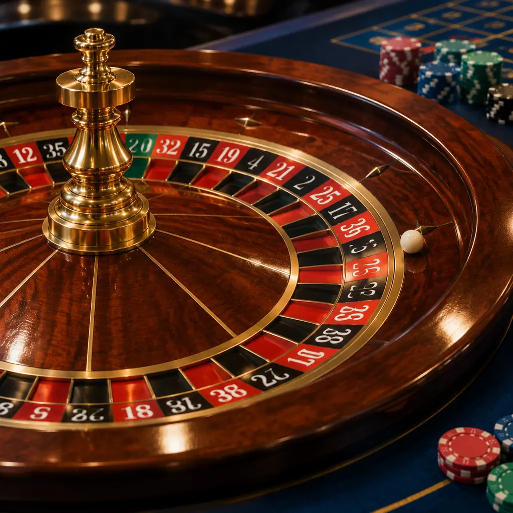 Roda roulette dan tata letak angka dengan cip di meja kasino